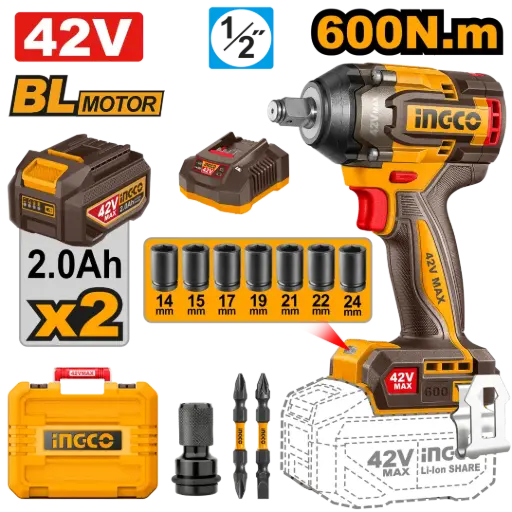 [CIWLI42602-4] Llave impacto 1/2" 42V 600nm + 2 baterías + tubos + maletín BRUSHLESS CIWLI42602-4 INGCO