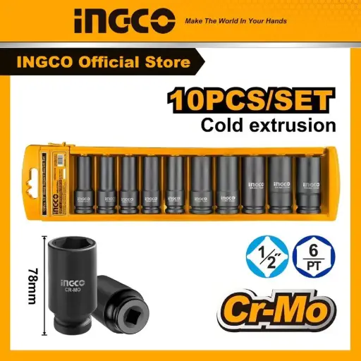 [HKISSD12102] Set 10 bocallaves tubos alto impacto 10-24mm Largos + estuche CR-Mo HKISSD12102 INGCO