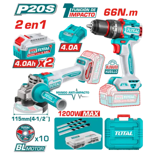[VTAIKTPA1] Taladro-ator Percutor 20V 13mm 66nm + Amoladora 115mm 4_1/2" 1200W 20V + 2 Baterías 4.0A + Maletín acc BRUSHLESS TCKLI20256-4 VTAIKTPAA TOTAL