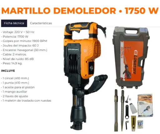 [MDL1750-8] Martillo Demoledor 1750W 60J + maletín c-ruedas + cincel + punta MDL1750-8 LUSQTOFF