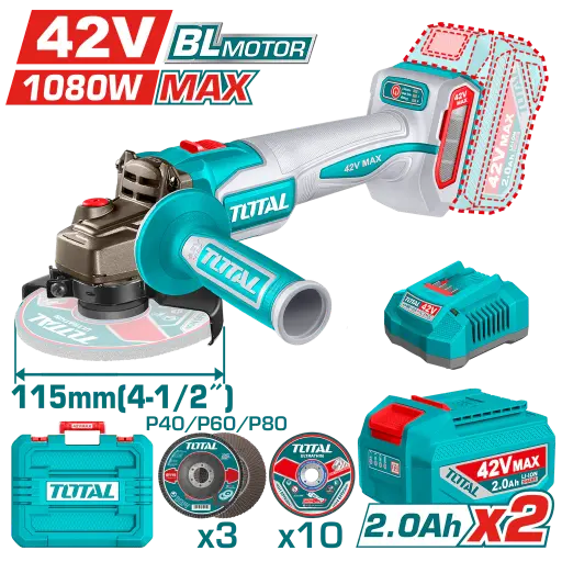 [V42IAM100] Amoladora inalámbrica 115mm 4_1/2" 42V+ 2 baterías 2.0A + tubos + maletín BRUSHLESS TAGLI4108112-4 V42IAM100 TOTAL