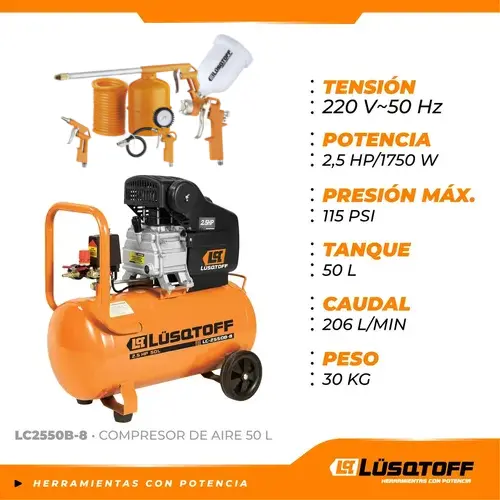 [LC2550B-81] Combo kit 5 piezas + Compresor de aire 50 litros 2.5 HP 2 canillas LC2550B-8 LUSQTOFF