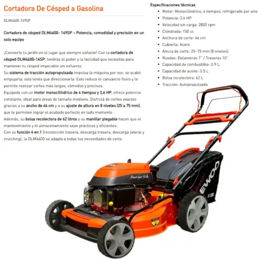 [DLM4600-149SP] Cortadora de césped autopropulsada explosión 4T 3,6HP + bolsa 62lts DLM4600-149SP DAEWOO