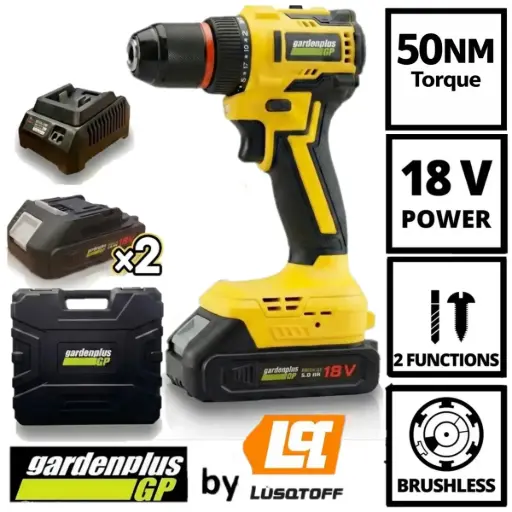 [GPT45-7BK] Taladro-atornillador 10mm 18V 50nm + 2 Baterías maletín BRUSHLESS GPT45-7BK GARDEN PLUS by LUSQTOFF