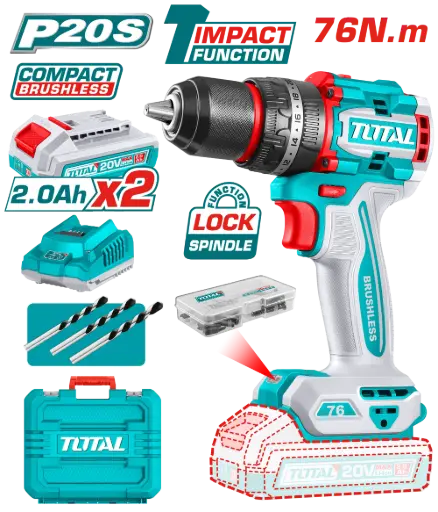 [TIDLI20768-4] Taladro-ator Percutor 13mm 76Nm 20V + maletín 2 Baterías TIDLI20768-4 V2VITI270 TOTAL