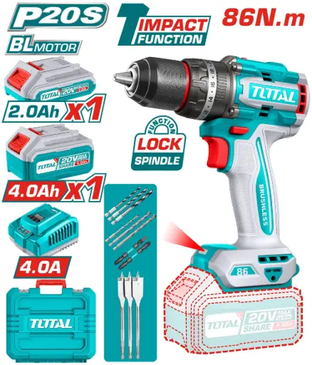 [TIDLI20868-4] Taladro-ator Percutor 13mm 86Nm 20V + maletín 2 Baterías TIDLI20868-4 V2VITI280 TOTAL