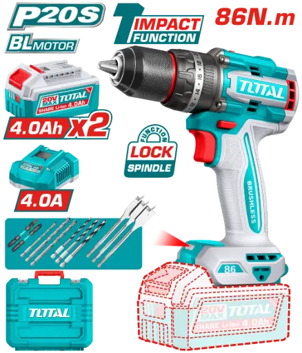 [TIDLI208682-4] Taladro-ator Percutor 13mm 86Nm 20V + maletín 2 Baterías 4.0A TIDLI208682-4 V2VITI282 TOTAL