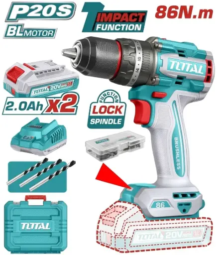 [TIDLI208687-4] Taladro-ator Percutor 13mm 86Nm 20V + maletín 2 Baterías 2.0A TIDLI208687-4 V2VITI281 TOTAL