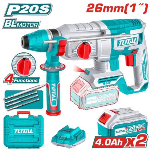 [TRHLI202682-4] Rotomartillo a bater 20V  26mmD SDS PLUS BRUSHLESS + kit Maletín 2 baterías 4.0A TRHLI202682-4 V2VIMR262 TOTAL