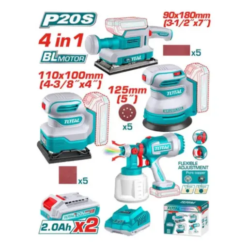 [TOSLI250383-4] Kit inalámbrico 3 Lijadoras + Equipo de pintar +2 baterías 20V 2.0A TOSLI250383-4 VTAIK3LEP TOTAL