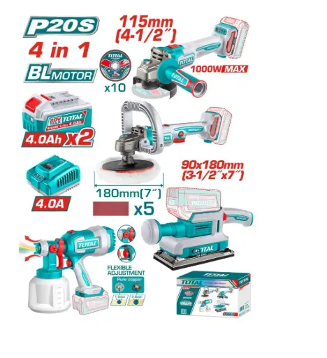 [TOSLI250696-4] Kit inalámbrico Amoladora + pulidora + lijadora + equipo de pintar +2 baterías 20V 4.0A TOSLI250696-4 VTAIKAPEL TOTAL
