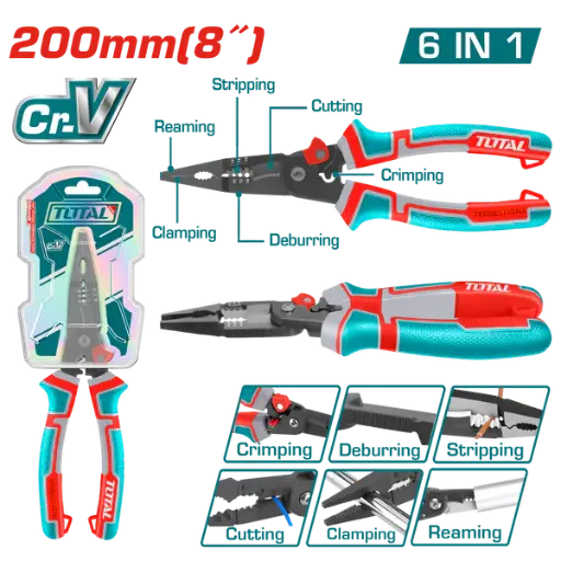 [THTMF286] Pinza electricista  200mmL (8") universal Multifunción 6 en 1  THTMF286 XPPIM0200 TOTAL