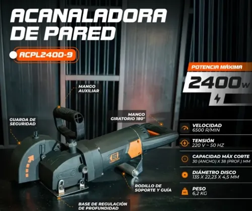 [ACPL2400-9] Acanaladora de muro 2400W 6500rpm + 5 discos diamantados BLACK SERIES ACPL2400-9 LUSQTOFF