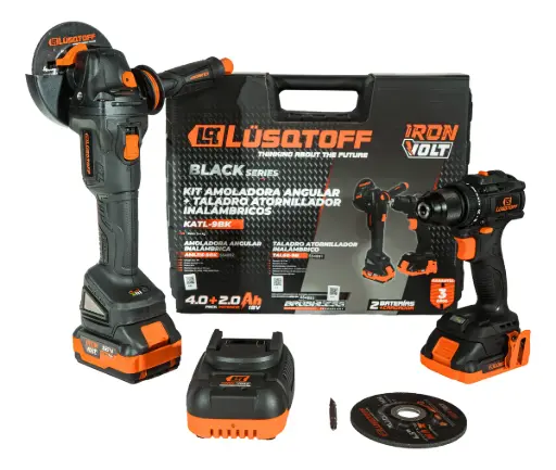 [KATL-9BK] Taladro-ator Perc 13mm + Amoladora 115mm 4.1/2" + 2 bat 2.0Ah y 4.0Ah Brushless BLACK SERIES IRON VOLT KATL-9BK LUSQTOFF
