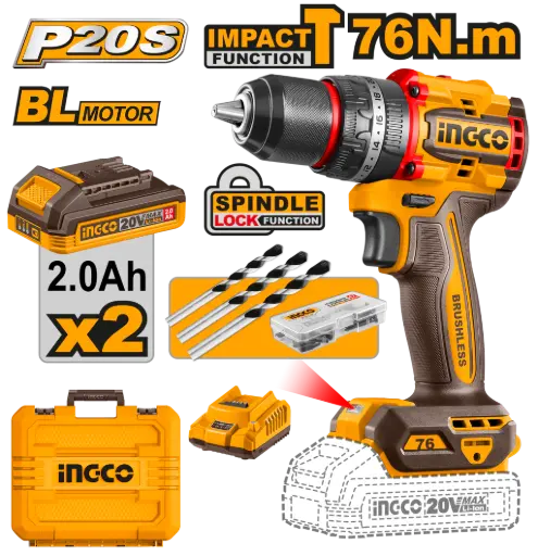 [CIDLI20768-4] Taladro-ator Percutor 20V 13mm 76nm + 2 baterías 2.0A + maletín BRUSHLESS CIDLI20768-4 INGCO