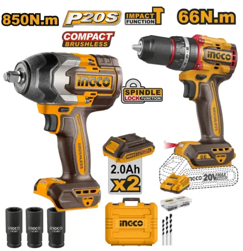 [CIDLI20668-40] Combo Llave impacto 1/2" 850nm CIWLI20851 + Taladro-ator Percutor 20V 13mm 66nm + 2 Baterías + Maletín BRUSHLESS CIDLI20668-4 INGCO