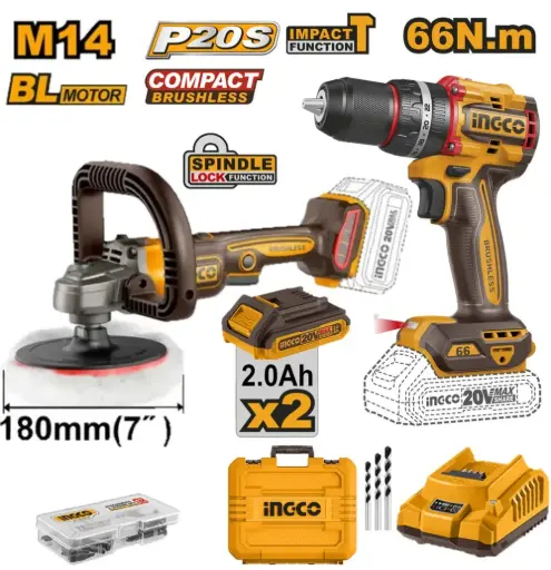 [CIDLI20668-41] Combo Pulidora angular 180mm 20V BL APLI2018 + Taladro-ator Percutor 20V 13mm 66nm + 2 Baterías + Maletín BRUSHLESS CIDLI20668-4 INGCO