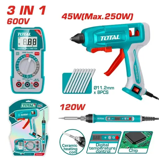 [TTCK250716] Combo electricista Pistola de Pegar TT401116 + Soldador estaño 120W TET01610 + Tester digital 600V True RMS TMT5360011 - TTCK250716 VKEI0PPSM TOTAL