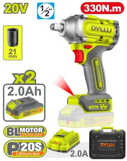[DI20LI301] Llave Impacto 1/2" 330Nm 20V + Maletín, 2 baterías 2.0A, cargador BRUSHLESS DTCD1B33-4 DI20LI301 DYLLU