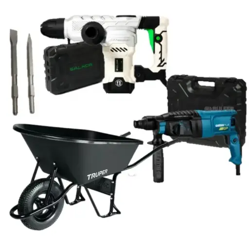[COMBO-OBRA] Combo OBRA Rotomartillo 800W 3.0J RMGP800-7 GP By LUSQTOFF + Martillo demoledor 1300W 18J MDP1300 SALKOR + Carretilla 120LTS 530kG 11777 TRUPER