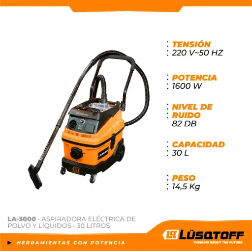 [LA-3000] Aspiradora 1600W 30lts polvo-líquido + adaptador lijadora durlock LA-3000 LUSQTOFF