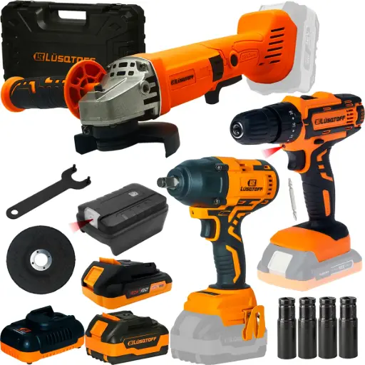 [LPACK003-8] Taladro-ator percutor + Amoladora 115 18V + Llave impacto 1/2 600nm + Linterna + maletín 1 bat 2.0A 1 bat 4.0A LPACK003-8 LUSQTOFF