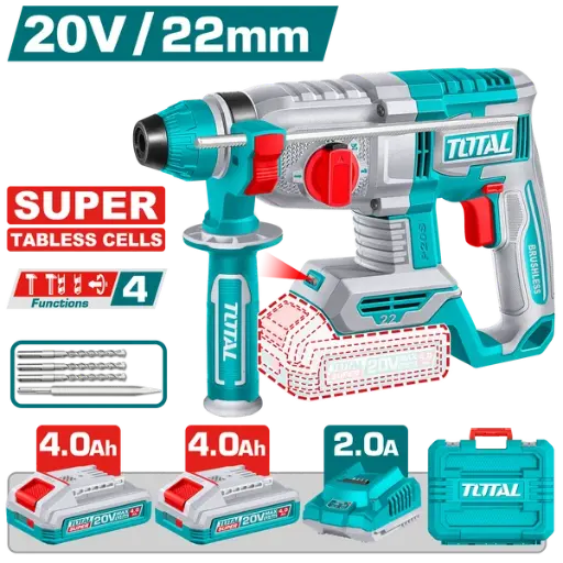 [TRHLI222085-4] Rotomartillo a bater 20V  22mmD SDS PLUS + 2 Baterías 4.0A TABLESS CELLS + Cargador + Maletín BRUSHLESS TRHLI222085-4 V2VIMR222 TOTAL