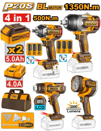 [COSLI241293-4] Llave impacto 3/4" 1350nm + Llave impacto 1/2" 500nm + Pistola calor LCD + Linterna 2000L+ 2 bat 5.0A cargador COSLI241293-4 INGCO