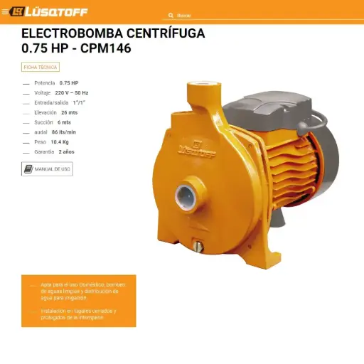 [LA2K] Bomba centrifuga   0,75HP 220V  6600L/h  26M CPM146 LUSQTOFF