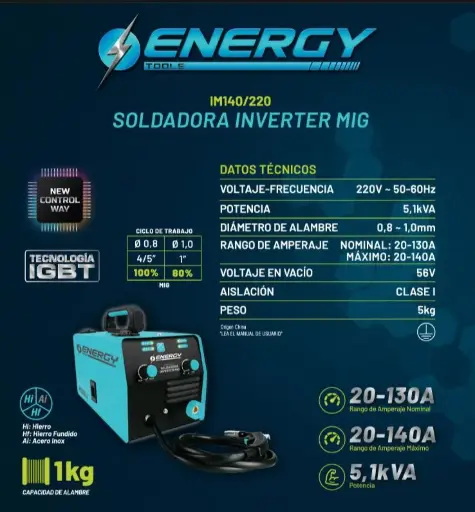 [KE8O] Soldadora Inverter MIG-FLUX 140A 220V 5100W IM140/220 ENERGY