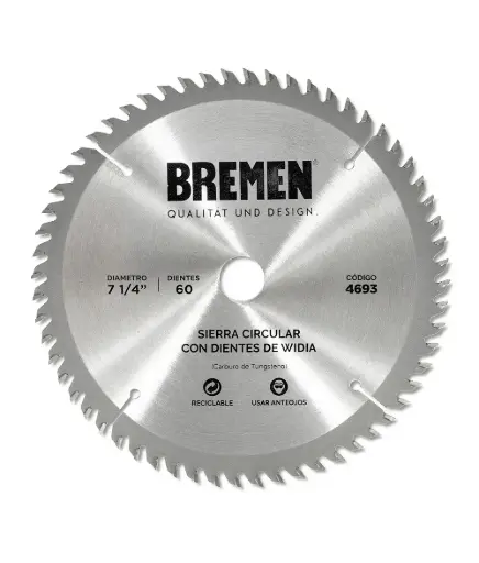 [D2WA] Hoja sierra circular  184mmD (7.1/4")  60d widia (eje: 20mm/16mm) 4693 BREMEN