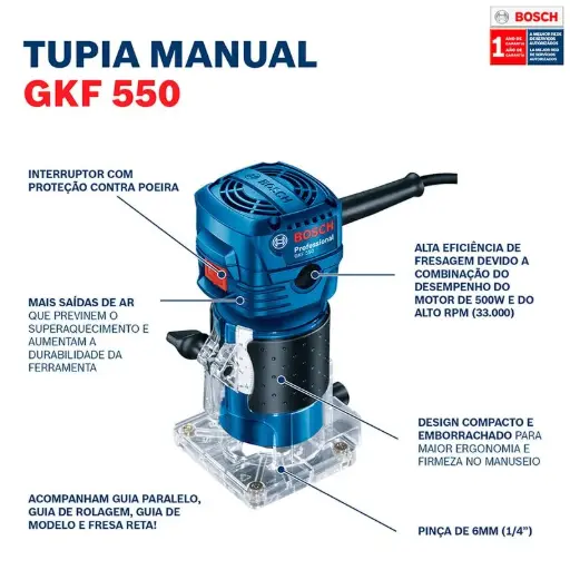 [1PLP] Fresadora  550W 33000rpm boq 6mm-1/4" GKF 550 06016A00H0 BOSCH