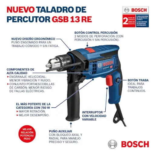 [AW7D] Taladro-percutor 13mmD  750W Heavy Duty GSB 13 RE 06012B80H0 BOSCH