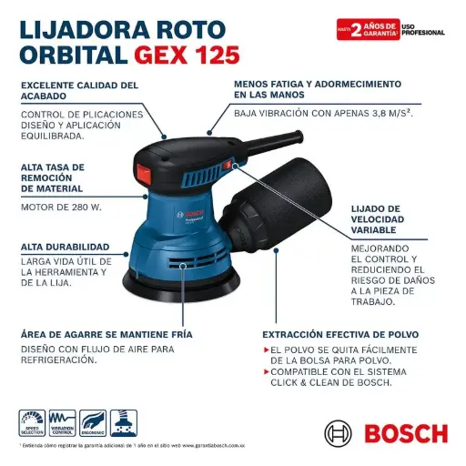 [U0Y6] Lijadora roto-orbital 280W 125mm velocidad variable GEX 125 06013A80H0 BOSCH