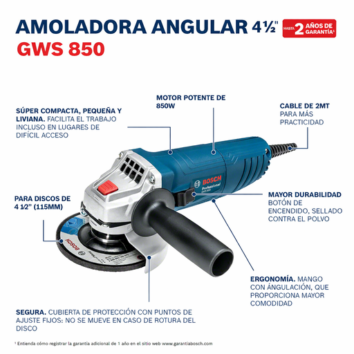 [XPC3] Amoladora angul D115 220V  850W Profesional GWS 850 06013775H0 BOSCH